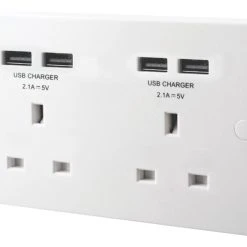 British General 900 Series 13A 2-Gang Unswitched Socket + 4.2A 4-Outlet Type A USB Charger White