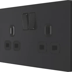 British General Evolve 13A 2-Gang SP Switched Socket Matt Black With Black Inserts