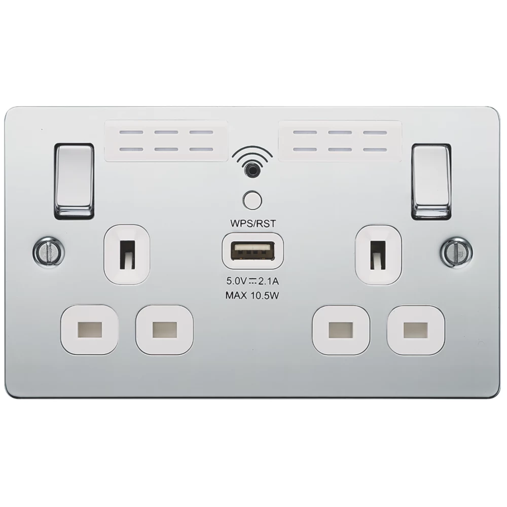 LAP 13A 2-Gang SP Switched Wi-Fi Extender Socket + 2.1A 1-Outlet Type A USB Charger Polished Chrome With White Inserts - Image 3