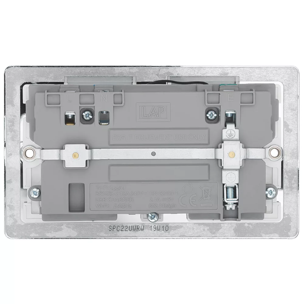 LAP 13A 2-Gang SP Switched Wi-Fi Extender Socket + 2.1A 1-Outlet Type A USB Charger Polished Chrome With White Inserts - Image 4