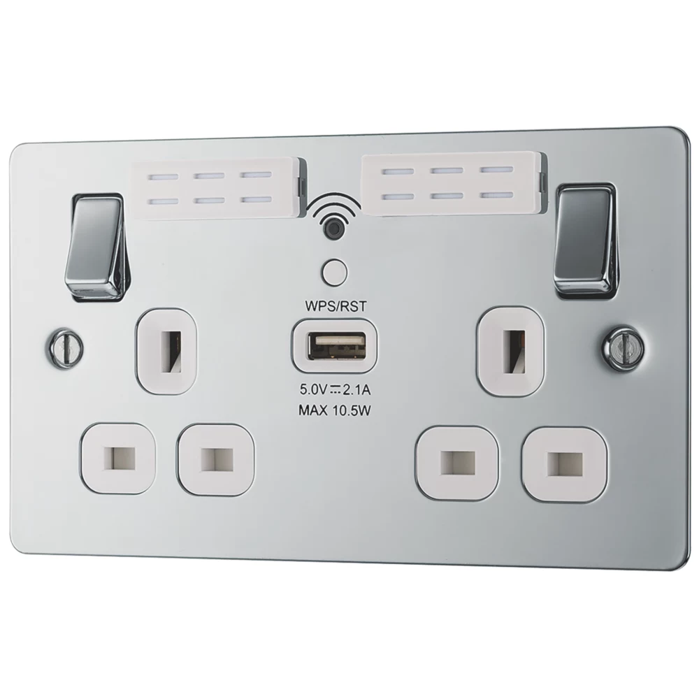 LAP 13A 2-Gang SP Switched Wi-Fi Extender Socket + 2.1A 1-Outlet Type A USB Charger Polished Chrome With White Inserts