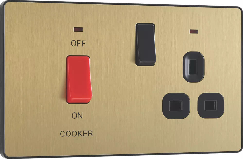 British General Evolve 45A 2-Gang 2-Pole Cooker Switch & 13A DP Switched Socket Satin Brass With LED With Black Inserts - Image 2