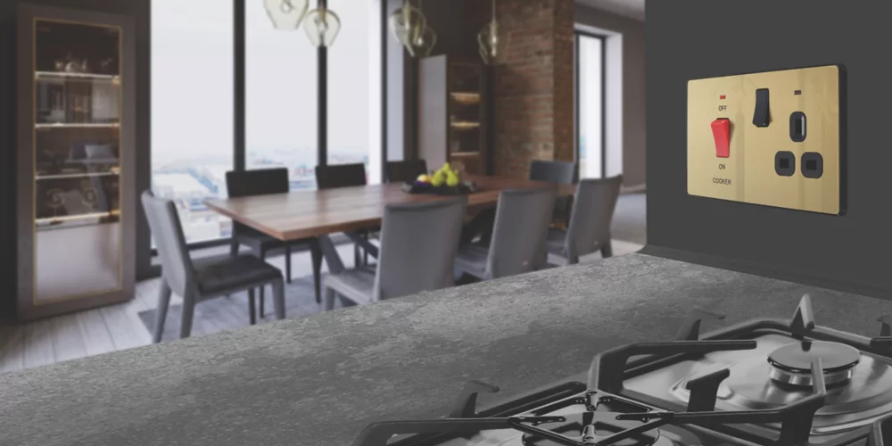 British General Evolve 45A 2-Gang 2-Pole Cooker Switch & 13A DP Switched Socket Satin Brass With LED With Black Inserts - Image 7