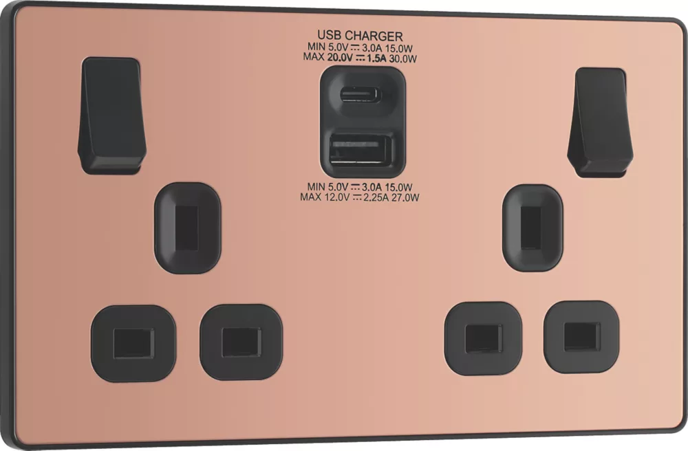 British General Evolve 13A 2-Gang SP Switched Socket + 3A 2-Outlet Type A & C USB Charger Copper With Black Inserts - Image 2