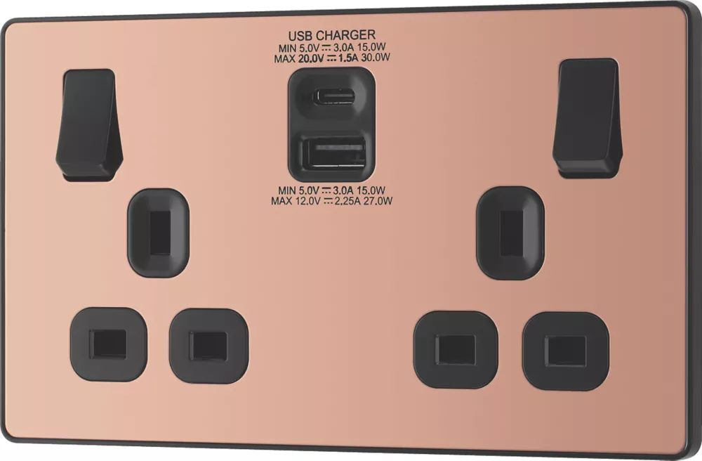 British General Evolve 13A 2-Gang SP Switched Socket + 3A 2-Outlet Type A & C USB Charger Copper With Black Inserts - Image 4