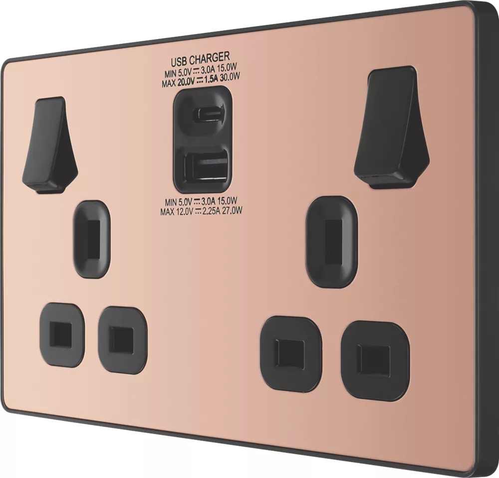 British General Evolve 13A 2-Gang SP Switched Socket + 3A 2-Outlet Type A & C USB Charger Copper With Black Inserts