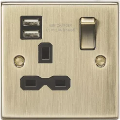 Knightsbridge CS9124AB 13A 1-Gang SP Switched Socket + 2.4A 2-Outlet Type A USB Charger Antique Brass With Black Inserts