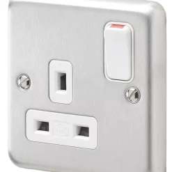 MK Albany Plus 13A 1-Gang DP Switched Plug Socket Brushed Stainless Steel With White Inserts
