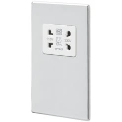 MK Aspect 2-Gang Dual Voltage Shaver Socket 115 / 230V Polished Chrome With White Inserts