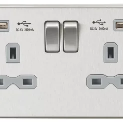 Knightsbridge CS9224BCG 13A 2-Gang SP Switched Socket + 2.4A 2-Outlet Type A USB Charger Brushed Chrome With Colour-Matched Inserts