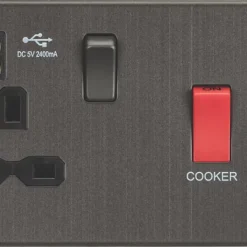 Knightsbridge SFR8333USB 45 & 13A 1-Gang DP Cooker Switch & 13A DP Switched Socket + 2.4A 2-Outlet Type A USB Charger Smoked Bronze With Black Inserts