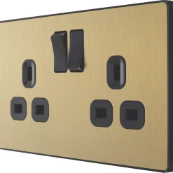 British General Evolve 13A 2-Gang SP Switched Socket Satin Brass With Black Inserts