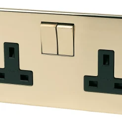 Crabtree Platinum 13A 2-Gang DP Switched Plug Socket Polished Brass With Black Inserts