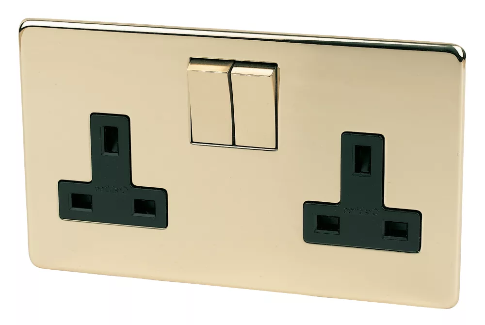Crabtree Platinum 13A 2-Gang DP Switched Plug Socket Polished Brass With Black Inserts