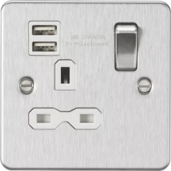 Knightsbridge FPR9124BCW 13A 1-Gang SP Switched Socket + 2.1A 2-Outlet Type A USB Charger Brushed Chrome With White Inserts