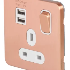 Schneider Electric Lisse Deco 13A 1-Gang SP Switched Socket + 2.1A 2-Outlet Type A USB Charger Copper With White Inserts