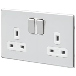 MK Aspect 13A 2-Gang DP Switched Plug Socket Polished Chrome With White Inserts