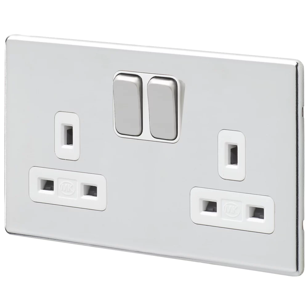 MK Aspect 13A 2-Gang DP Switched Plug Socket Polished Chrome With White Inserts