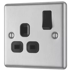 LAP 13A 1-Gang SP Switched Plug Socket Brushed Stainless Steel With Black Inserts