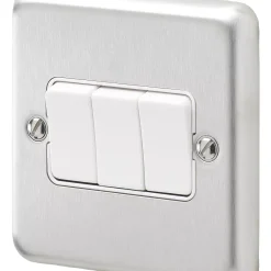 MK Albany Plus 10AX 3-Gang 2-Way Switch Brushed Stainless Steel With White Inserts