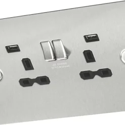 Knightsbridge SKR002A 13A 2-Gang SP Switched Socket + 2.4A 2-Outlet Type A USB Charger Stainless Steel With Black Inserts