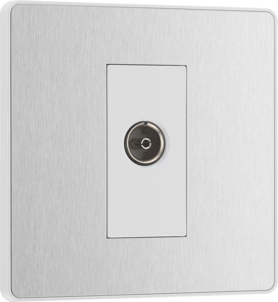 British General Evolve 1-Gang Coaxial TV / FM Socket Brushed Steel With White Inserts - Image 2
