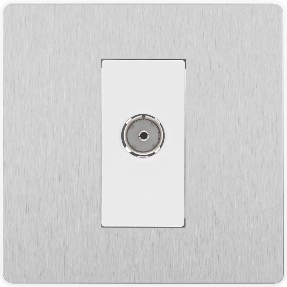 British General Evolve 1-Gang Coaxial TV / FM Socket Brushed Steel With White Inserts - Image 3