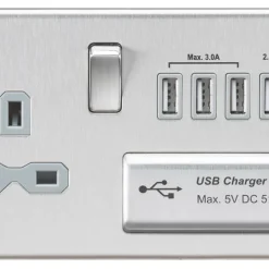 Knightsbridge SFR7USB4BCG 13A 1-Gang SP Switched Socket + 5.1A 4-Outlet Type A USB Charger Brushed Chrome With Colour-Matched Inserts
