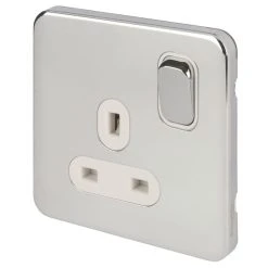Schneider Electric Lisse Deco 13A 1-Gang DP Switched Plug Socket Polished Chrome With White Inserts
