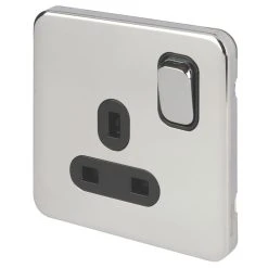 Schneider Electric Lisse Deco 13A 1-Gang DP Switched Plug Socket Polished Chrome With Black Inserts