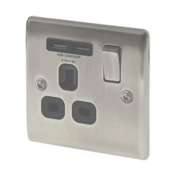 British General Nexus Metal 13A 1-Gang SP Switched Socket + 2.1A 2-Outlet Type A USB Charger Brushed Iridium With Black Inserts