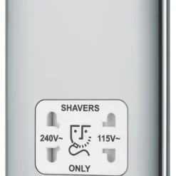 British General Nexus Metal 2-Gang Dual Voltage Shaver Socket 115 / 240V Polished Chrome With White Inserts