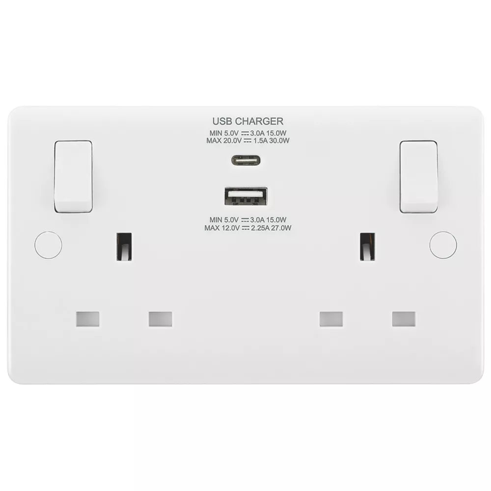 LAP 13A 2-Gang SP Switched Socket + 3A 2-Outlet Type A & C USB Charger White - Image 2