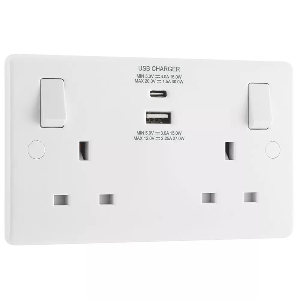 LAP 13A 2-Gang SP Switched Socket + 3A 2-Outlet Type A & C USB Charger White - Image 3