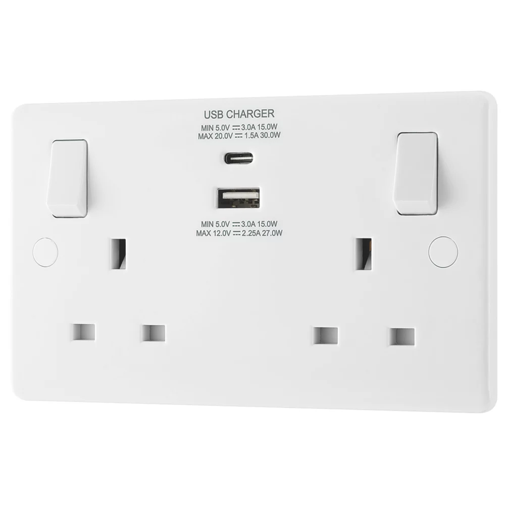 LAP 13A 2-Gang SP Switched Socket + 3A 2-Outlet Type A & C USB Charger White