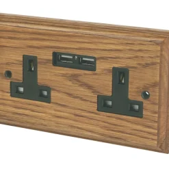 Varilight 13AX 2-Gang Unswitched Socket + 2.1A 2-Outlet Type A USB Charger Medium Oak With Black Inserts
