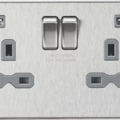 Knightsbridge FPR9224BCG 13A 2-Gang SP Switched Socket + 2.4A 2-Outlet Type A USB Charger Brushed Chrome With Colour-Matched Inserts