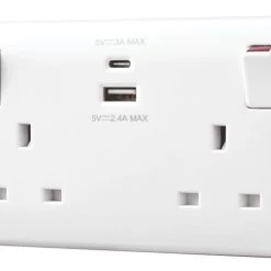 British General 800 Series 13A 2-Gang SP Switched Socket + 4.2A 2-Outlet Type A & C USB Charger White