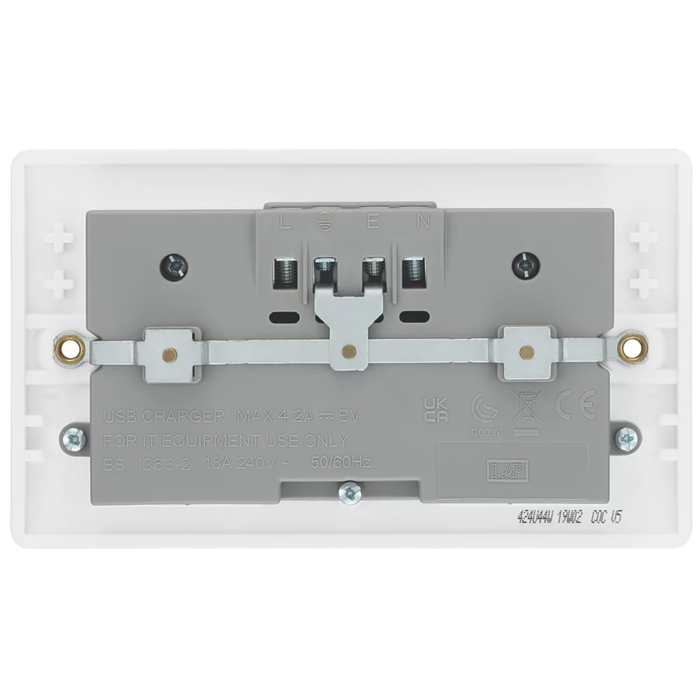 LAP 13A 2-Gang Unswitched Socket + 4.2A 4-Outlet Type A USB Charger White - Image 4