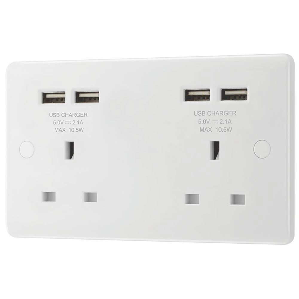 LAP 13A 2-Gang Unswitched Socket + 4.2A 4-Outlet Type A USB Charger White