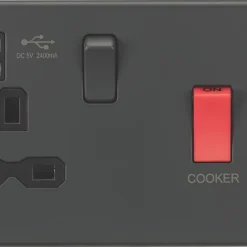 Knightsbridge SFR8333UAT 45 & 13A 1-Gang DP Cooker Switch & 13A DP Switched Socket + 2.4A 2-Outlet Type A USB Charger Anthracite With Black Inserts