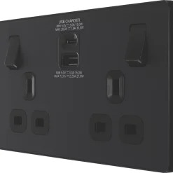 British General Evolve 13A 2-Gang SP Switched Socket + 3A 2-Outlet Type A & C USB Charger Matt Black With Black Inserts
