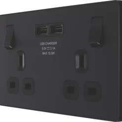 British General Evolve 13A 2-Gang SP Switched Socket + 3.1A 2-Outlet Type A USB Charger Matt Black With Black Inserts