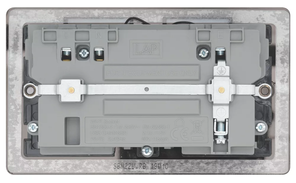 LAP 13A 2-Gang SP Switched Wi-Fi Extender Socket + 2.1A 1-Outlet Type A USB Charger Black Nickel With Black Inserts - Image 4