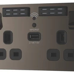 LAP 13A 2-Gang SP Switched Wi-Fi Extender Socket + 2.1A 1-Outlet Type A USB Charger Black Nickel With Black Inserts