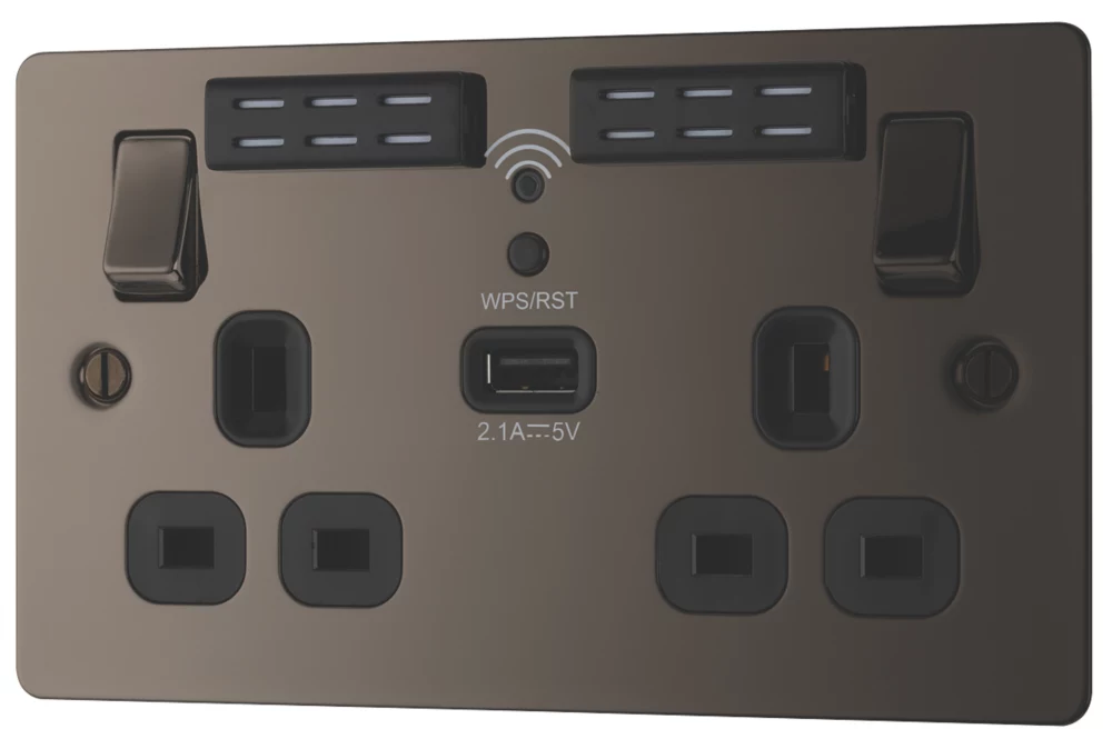 LAP 13A 2-Gang SP Switched Wi-Fi Extender Socket + 2.1A 1-Outlet Type A USB Charger Black Nickel With Black Inserts
