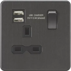 Knightsbridge SFR9124SB 13A 1-Gang SP Switched Socket + 2.4A 2-Outlet Type A USB Charger Smoked Bronze With Black Inserts