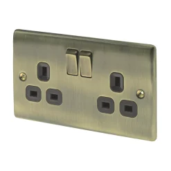 British General Nexus Metal 13A 2-Gang DP Switched Plug Socket Antique Brass With Black Inserts