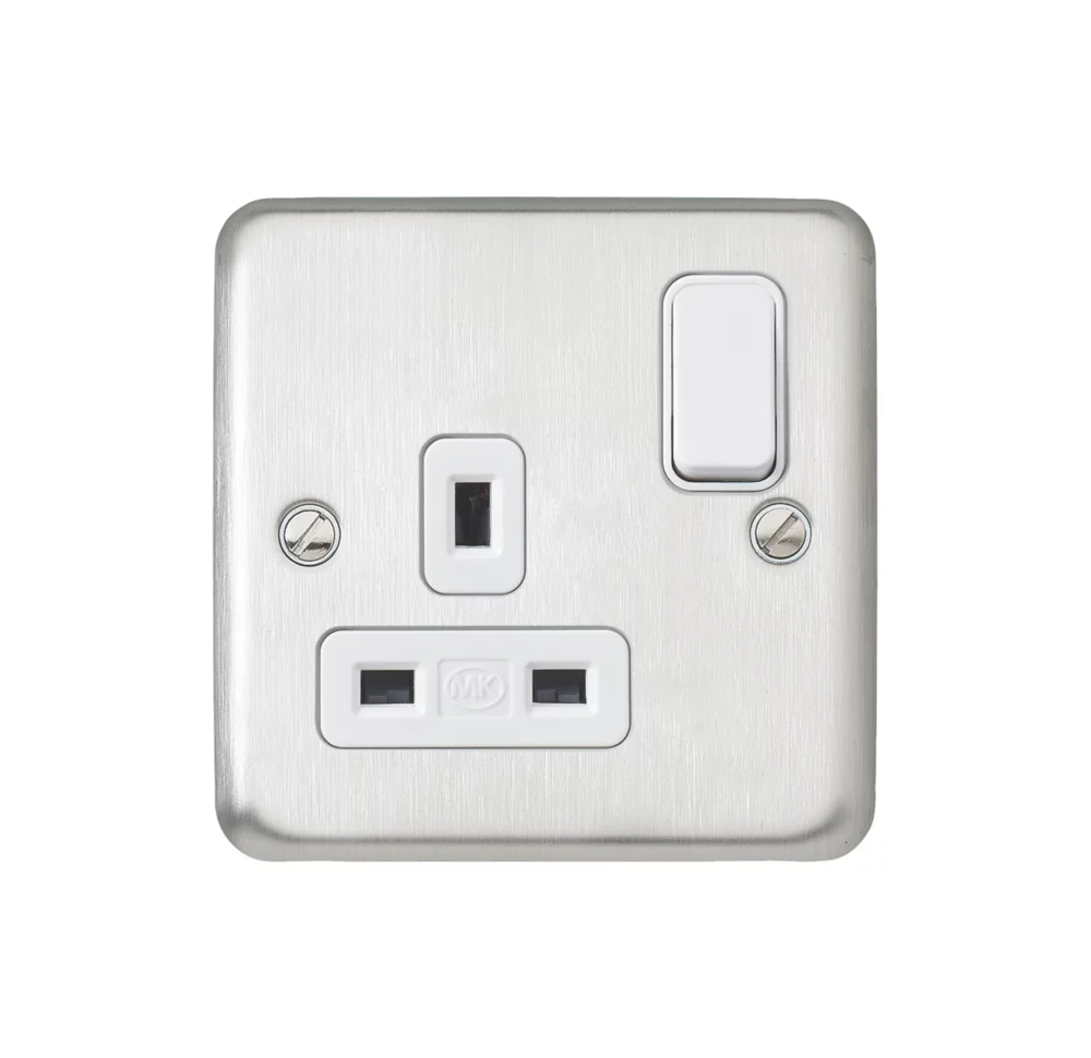 MK Contoura 13A 1-Gang DP Switched Plug Socket Brushed Stainless Steel With White Inserts - Image 2