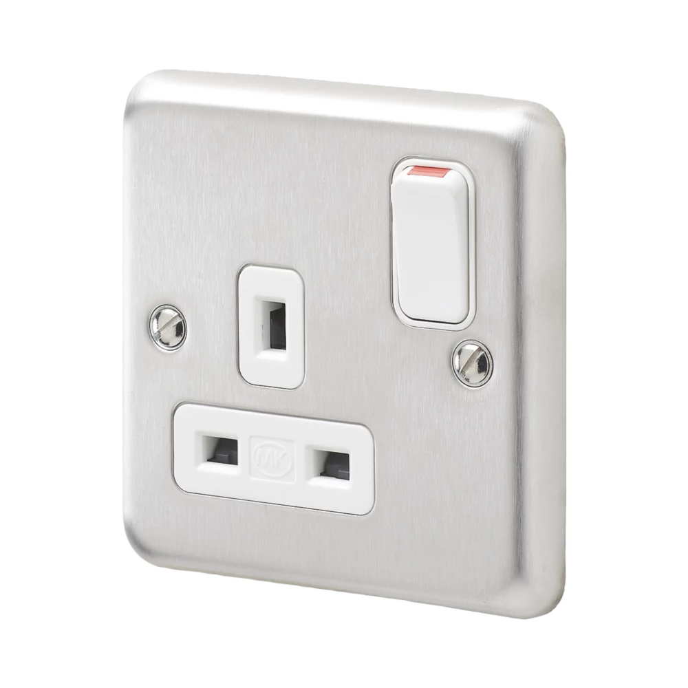 MK Contoura 13A 1-Gang DP Switched Plug Socket Brushed Stainless Steel With White Inserts